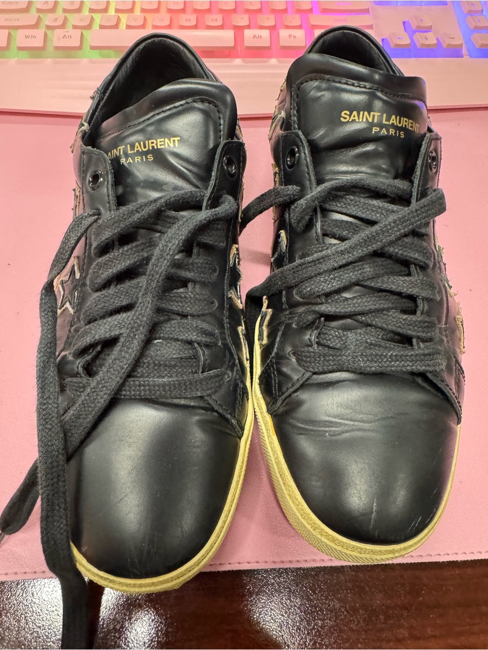 Saint Laurent Black Leather Sneakers with Gold Accent Sole